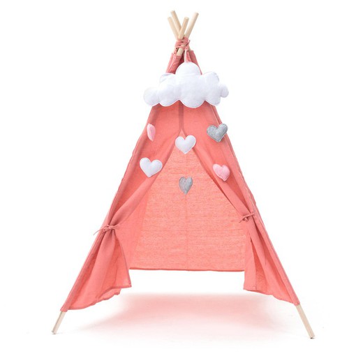Kindertipi in Montessori-stijl van paulowniahout en roze stof, 80x80x110 cm | Kalpana