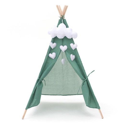 Kindertipi in Montessori-stijl van paulowniahout en groene stof, 80x80x110 cm | Kalpana