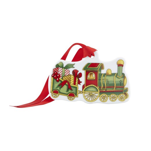 Vitt, grönt och rött julgranståg i porslin, 7,2 x 10,7 x 0,4 cm | julmagi