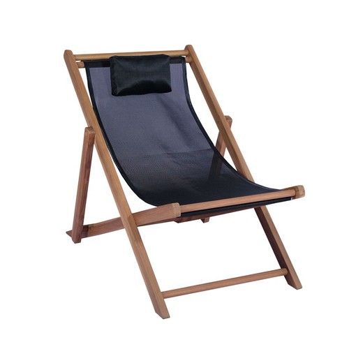 Teak wood and Batyline sun lounger in natural and black, 66 x 107 x 94 cm | Candon