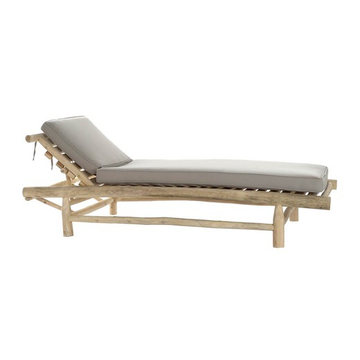 Teak wood and fabric sun lounger in natural and gray, 86 x 209 x 36 cm | Brewi