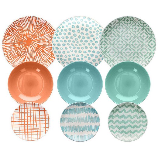 Service de table en céramique de 18 pièces en orange, turquoise et vert | Eau en grès