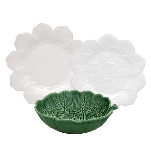 18-piece white and green stoneware dinnerware set | Geranio