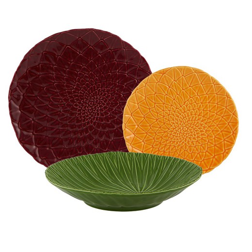 18-piece stoneware dinnerware set in maroon, green and orange | Amazonia