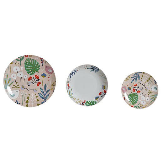 18-piece porcelain tableware in beige and multicolor | Flowers II