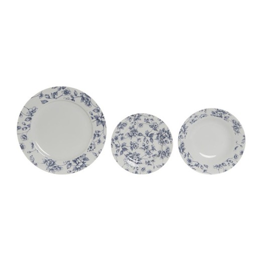 Set di stoviglie in porcellana bianca e blu da 18 pezzi | floreale blu