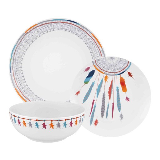 Vajilla de 18 piezas de porcelana en blanco y multicolor | Atrapasueños