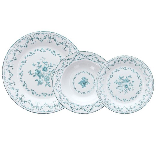 18-piece porcelain dinnerware set in turquoise and white | New Eloise