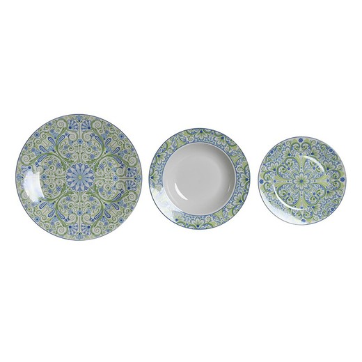 18-delig porseleinen servies in groen en blauw | Arabisch