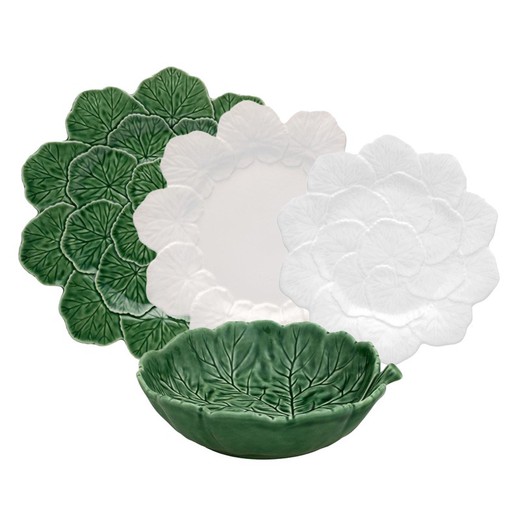 24-piece white and green stoneware dinnerware set | Geranio