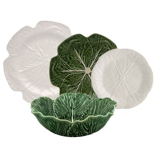 24-piece white and green stoneware dinnerware set | White Cabbage and Cabbage