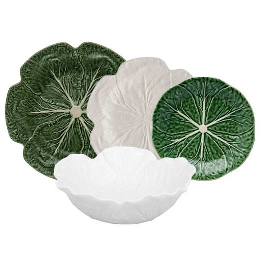 24-piece white and green stoneware dinnerware set | Cabbage and White Cabbage