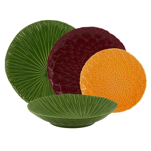 24-piece dinnerware set in green, maroon and orange | Amazonia