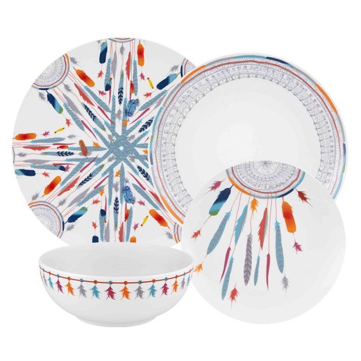 Vajilla de 24 piezas de porcelana en blanco y multicolor | Atrapasueños