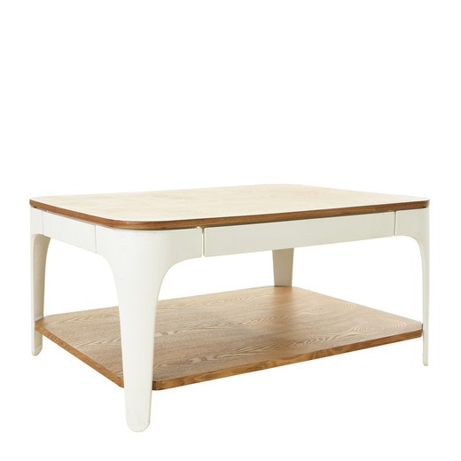 YERA-Rectangular coffee table with two natural and white heights, 90 x 70 x 45 cm