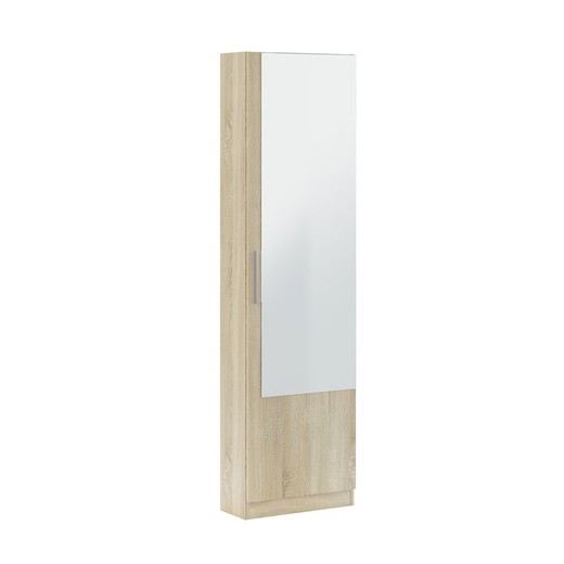 Sapateira 1 porta com espelho, 6 alturas e 12 nervuras, na cor carvalho, 50 x 22 x 180 cm