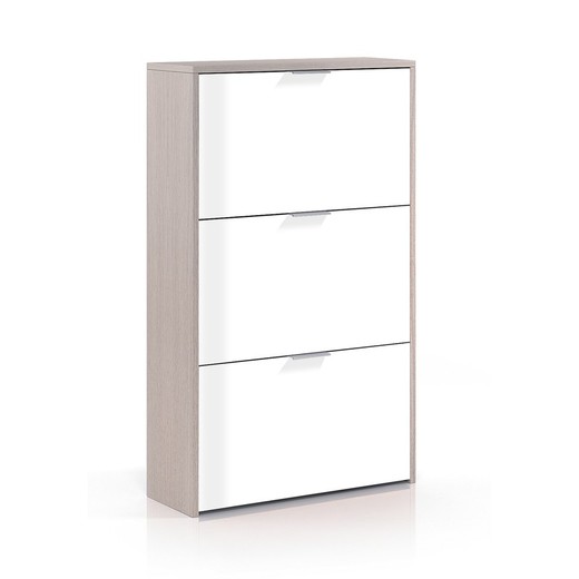 Zapatero 3 puertas para 18 pares en blanco brillo y color roble,  60 x 22 x 113 cm