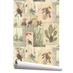 AIRAM-Beżowa tapeta kolaż egzotycznych ptaków i roślin, 1000x53 cm