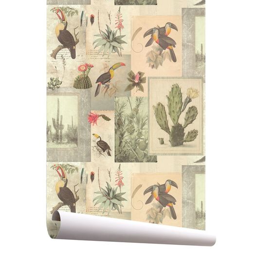 AIRAM-Beżowa tapeta kolaż egzotycznych ptaków i roślin, 1000x53 cm