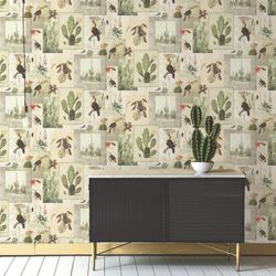 AIRAM-Beżowa tapeta kolaż egzotycznych ptaków i roślin, 1000x53 cm