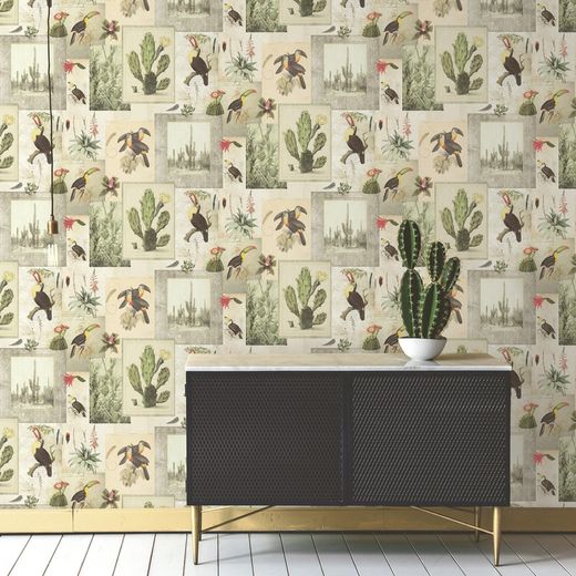 AIRAM-Beżowa tapeta kolaż egzotycznych ptaków i roślin, 1000x53 cm