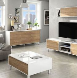 Buffet 3 portes finition blanc brillant et chêne, 154 x 41 x 75 cm