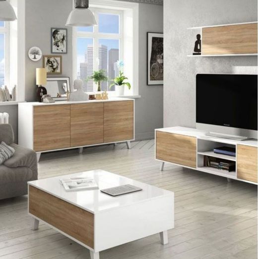 Buffet 3 portes finition blanc brillant et chêne, 154 x 41 x 75 cm