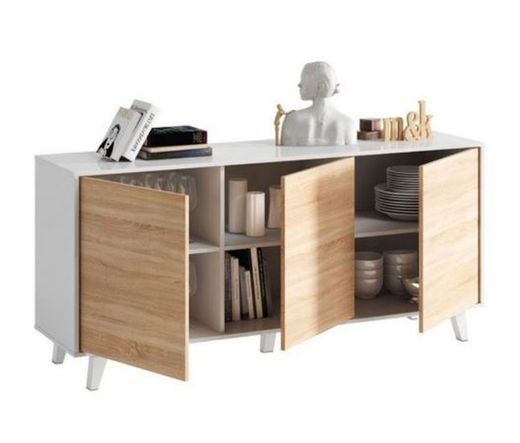 Buffet 3 portes finition blanc brillant et chêne, 154 x 41 x 75 cm