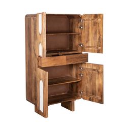 High sideboard in mango wood and travertine marble in natural, 81 x 40 x 142 cm | Claux