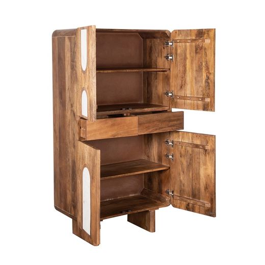 High sideboard in mango wood and travertine marble in natural, 81 x 40 x 142 cm | Claux