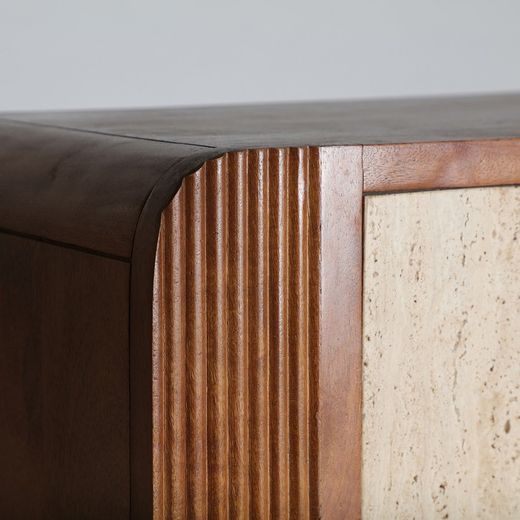 High sideboard in mango wood and travertine marble in natural, 81 x 40 x 142 cm | Claux