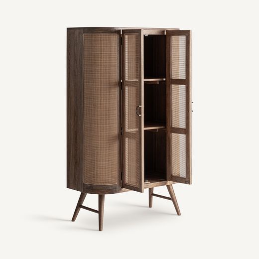Aparador alto de madera de mango y mimbre en marrón, 105 x 45 x 170 cm | Beckley