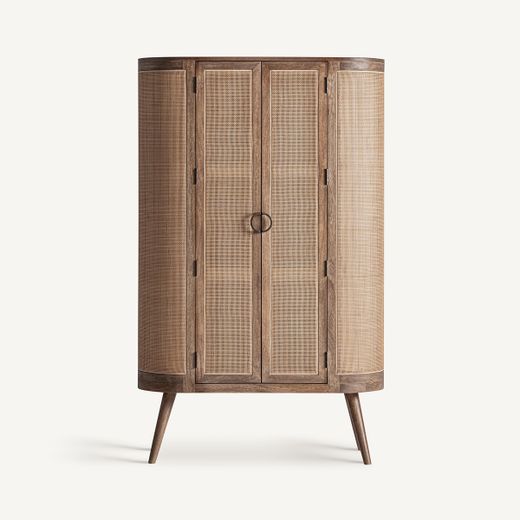 Aparador alto de madera de mango y mimbre en marrón, 105 x 45 x 170 cm | Beckley