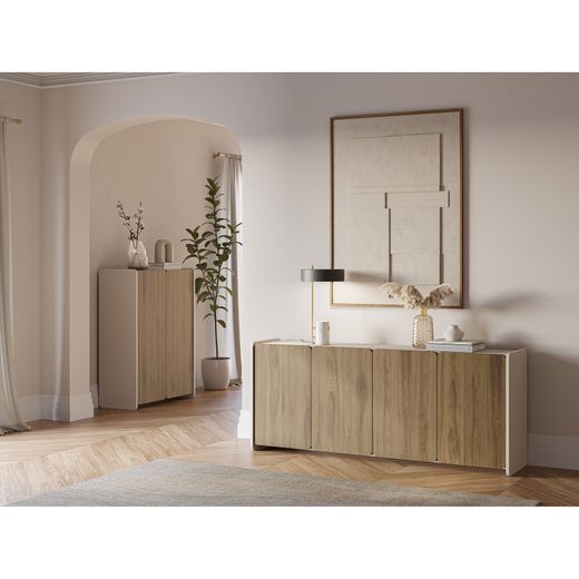 Tall wooden sideboard in oak and cream, 90 x 40 x 125 cm | Boucleon