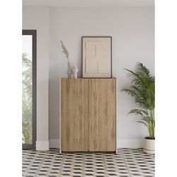 Tall wooden sideboard in oak and cream, 90 x 40 x 125 cm | Boucleon