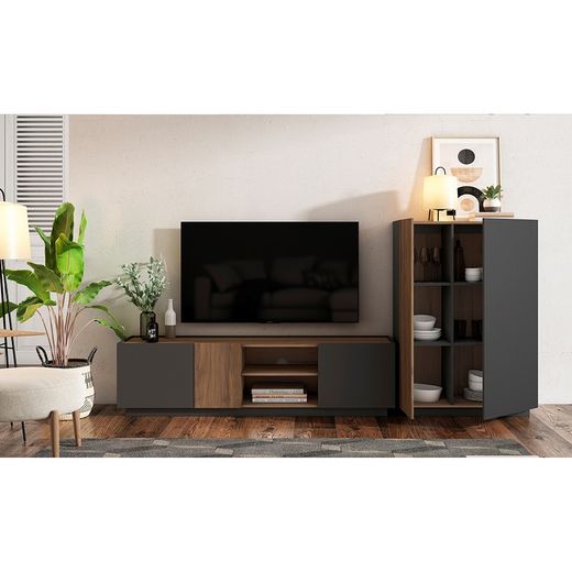 Buffet haut en bois gris et naturel, 90,1 x 41,6 x 125,6 cm | Udine
