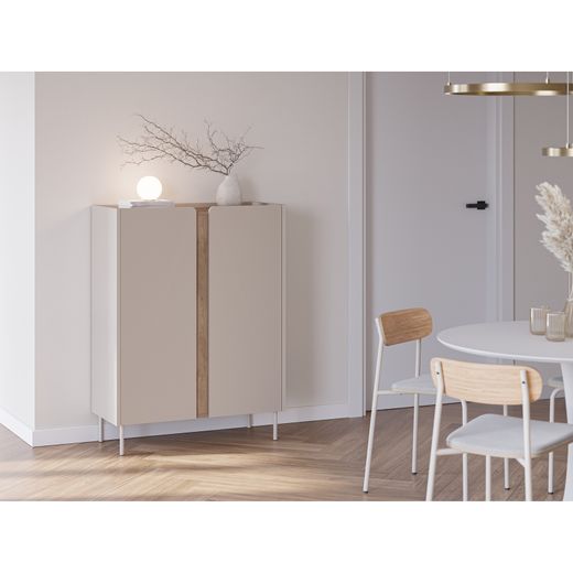 Tall sideboard in wood and metal, oak and cream color, 90 x 40.5 x 120 cm | Lucile