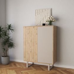 Tall sideboard in wood and metal, oak and grey, 90 x 40 x 120 cm | Millay