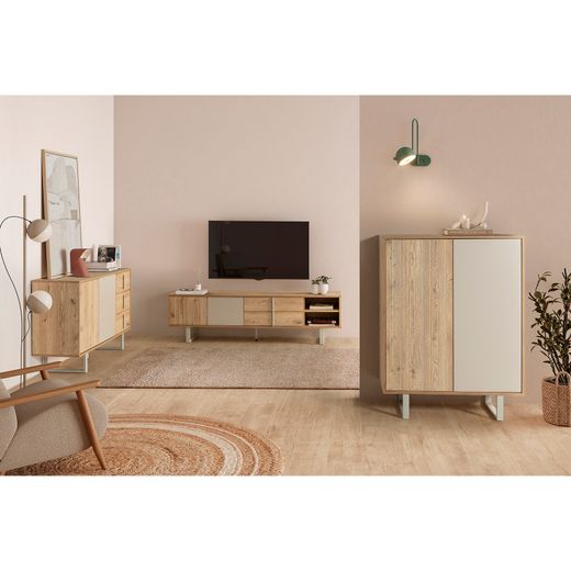 Tall sideboard in wood and metal, oak and grey, 90 x 40 x 120 cm | Millay