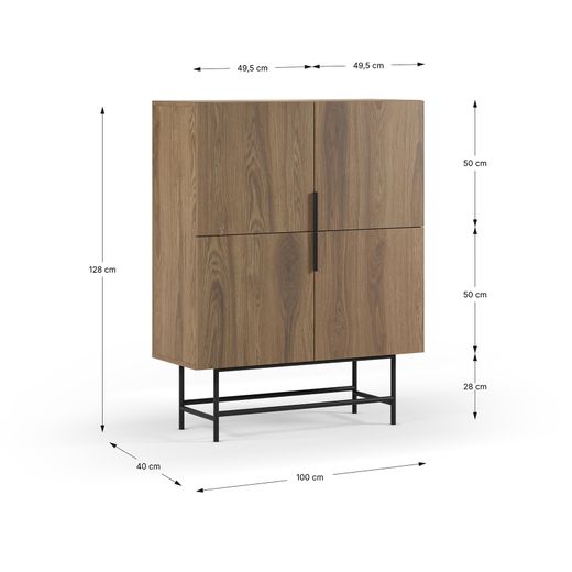 Tall sideboard in wood and metal, oak and black, 100 x 40 x 128 cm | Eldia