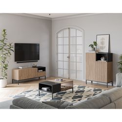 Tall sideboard in wood and metal, oak and black, 90 x 40 x 120 cm | Cailin