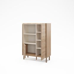 Aparador alto em madeira e metal nas cores carvalho e vison, 90 x 40 x 125 cm | Monza