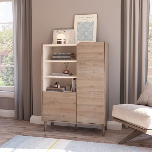 Aparador alto em madeira e metal nas cores carvalho e vison, 90 x 40 x 125 cm | Monza