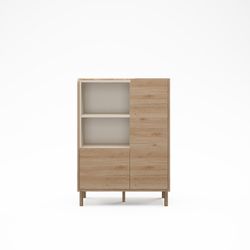 Aparador alto em madeira e metal nas cores carvalho e vison, 90 x 40 x 125 cm | Monza