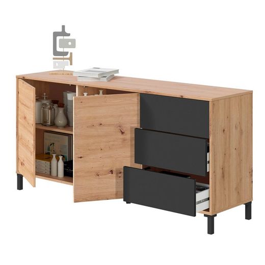 Sideboard in natural wood/anthracite grey, 154x41x74 cm | BROOKLYN
