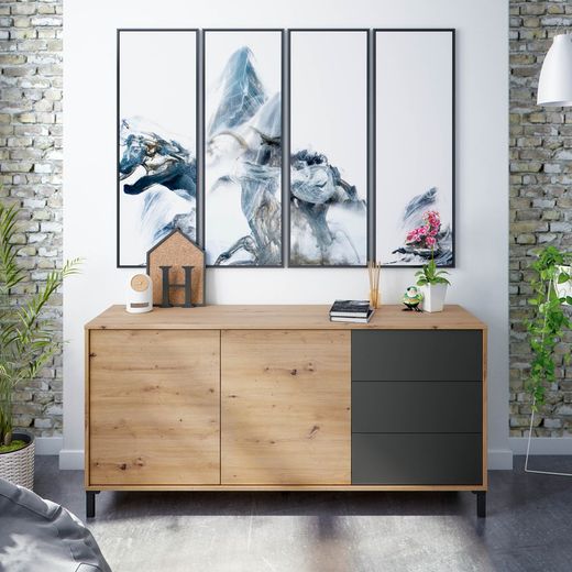Sideboard in natural wood/anthracite grey, 154x41x74 cm | BROOKLYN