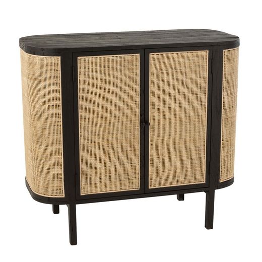 Rond dressoir met 2 deuren in hout en molly rotan zwart/natuurlijk, 100x45x90 cm