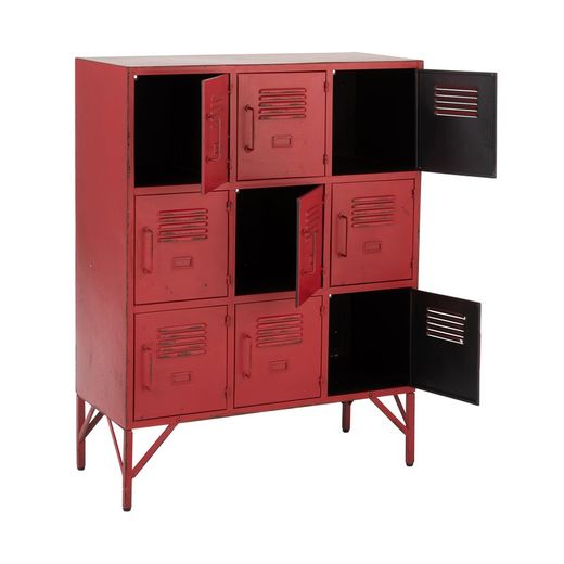 Rød metal 9-dørs skænk, 86x42x113,7 cm