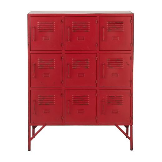Rød metal 9-dørs skænk, 86x42x113,7 cm