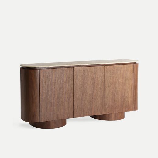 Aparador de chapa de nogal y mármol sintético en color nogal y beige, 180 x 40 x 85 cm | Dune